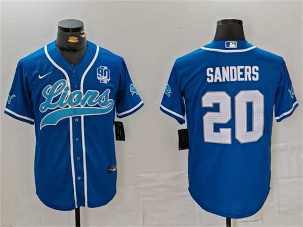 Mens Detroit Lions #20 Barry Sanders Blue With 90th Anniversary Patch Cool Base Stitched Baseball Jersey1